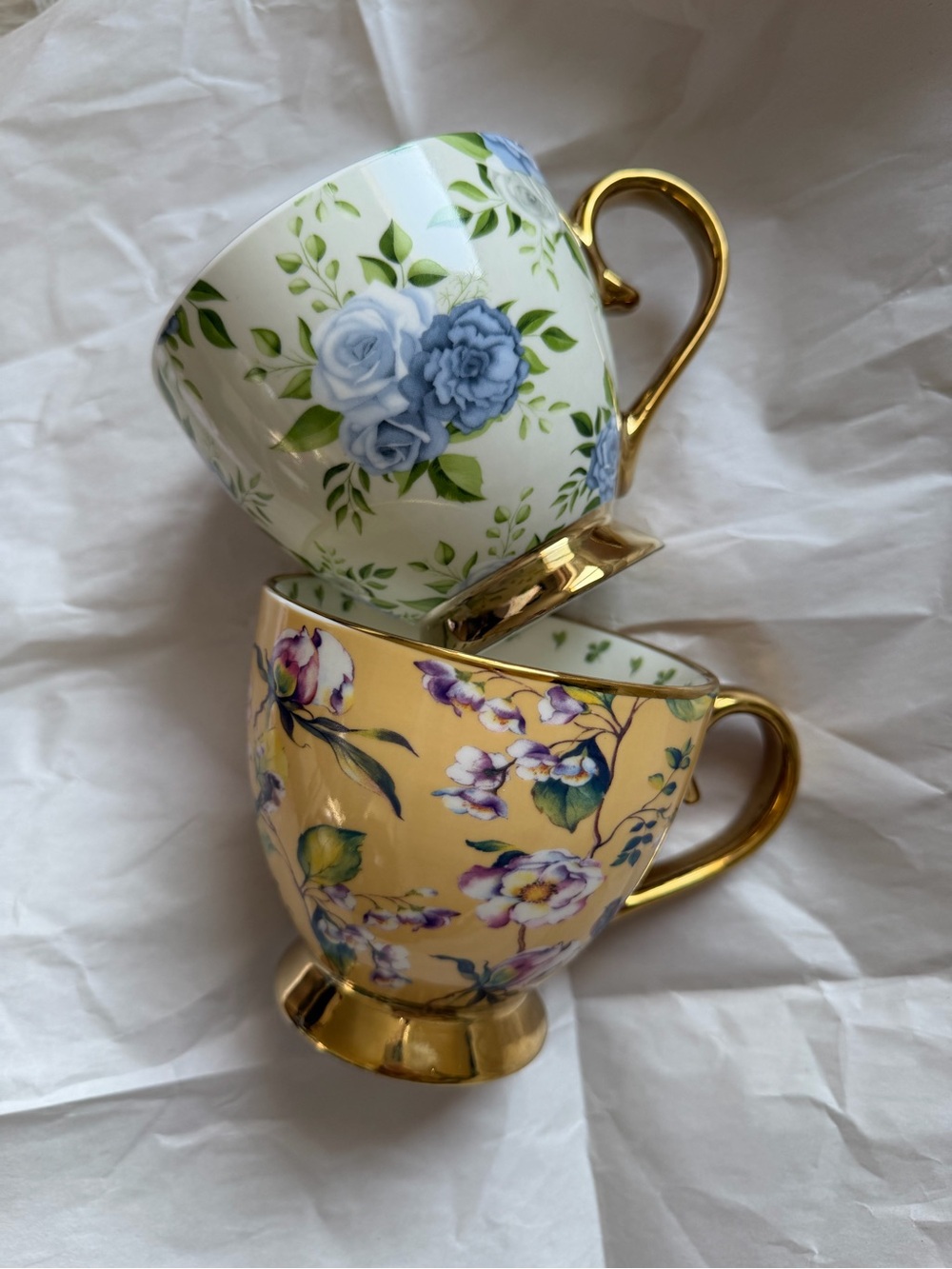 Set of 2 Floral porcelain Mugs with Gold Accents-8 Ounce